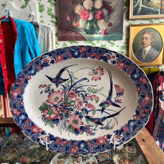 Gorgeous Vintage Large Platter Birds, Blooms & Fruits