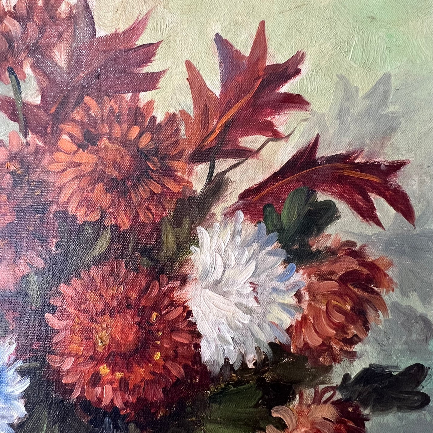 Vintage Oil Painting Dutch Still Life Chrysanthemum Blooms 1948