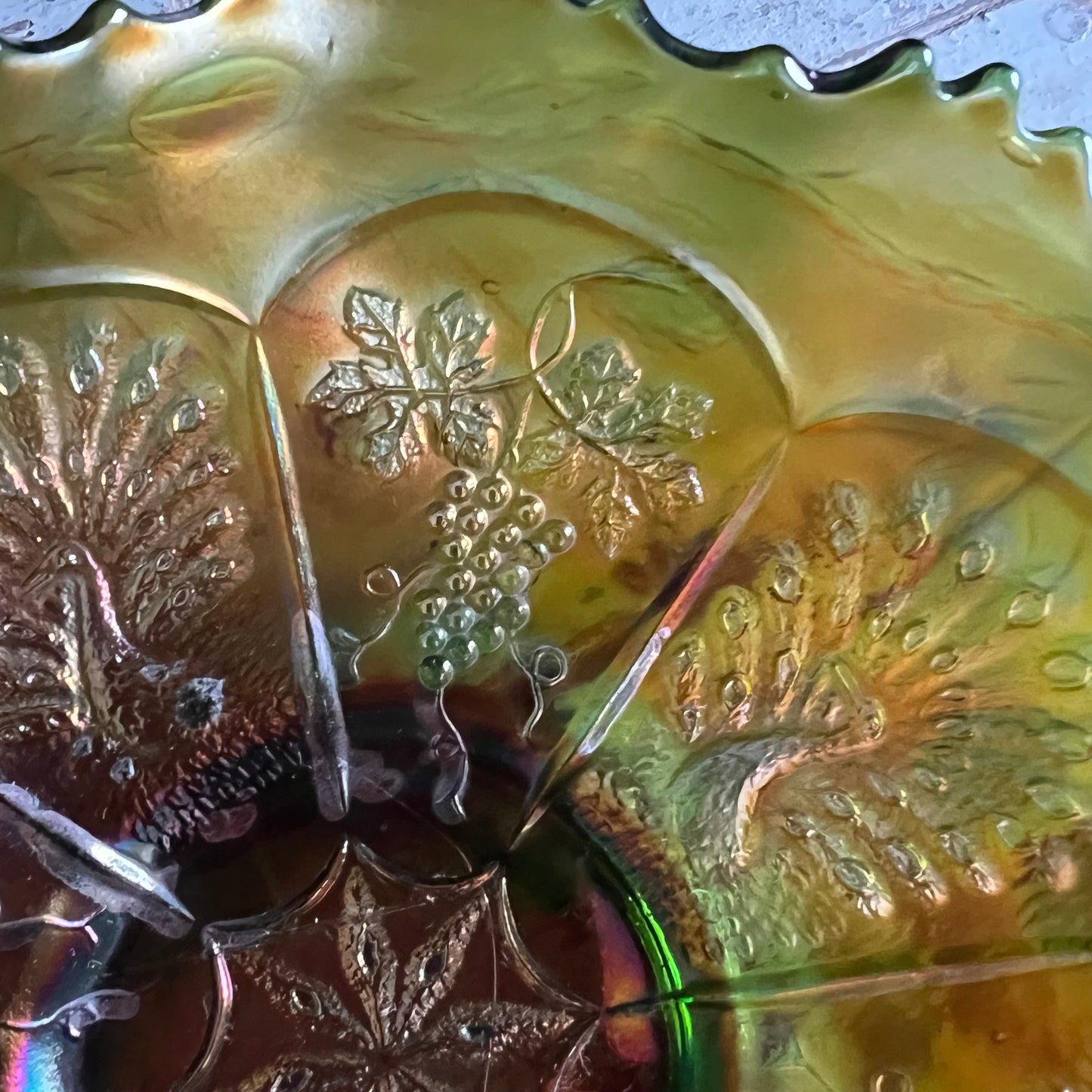 Vintage Fenton Carnival Glass Bowl Grapes & Peacocks