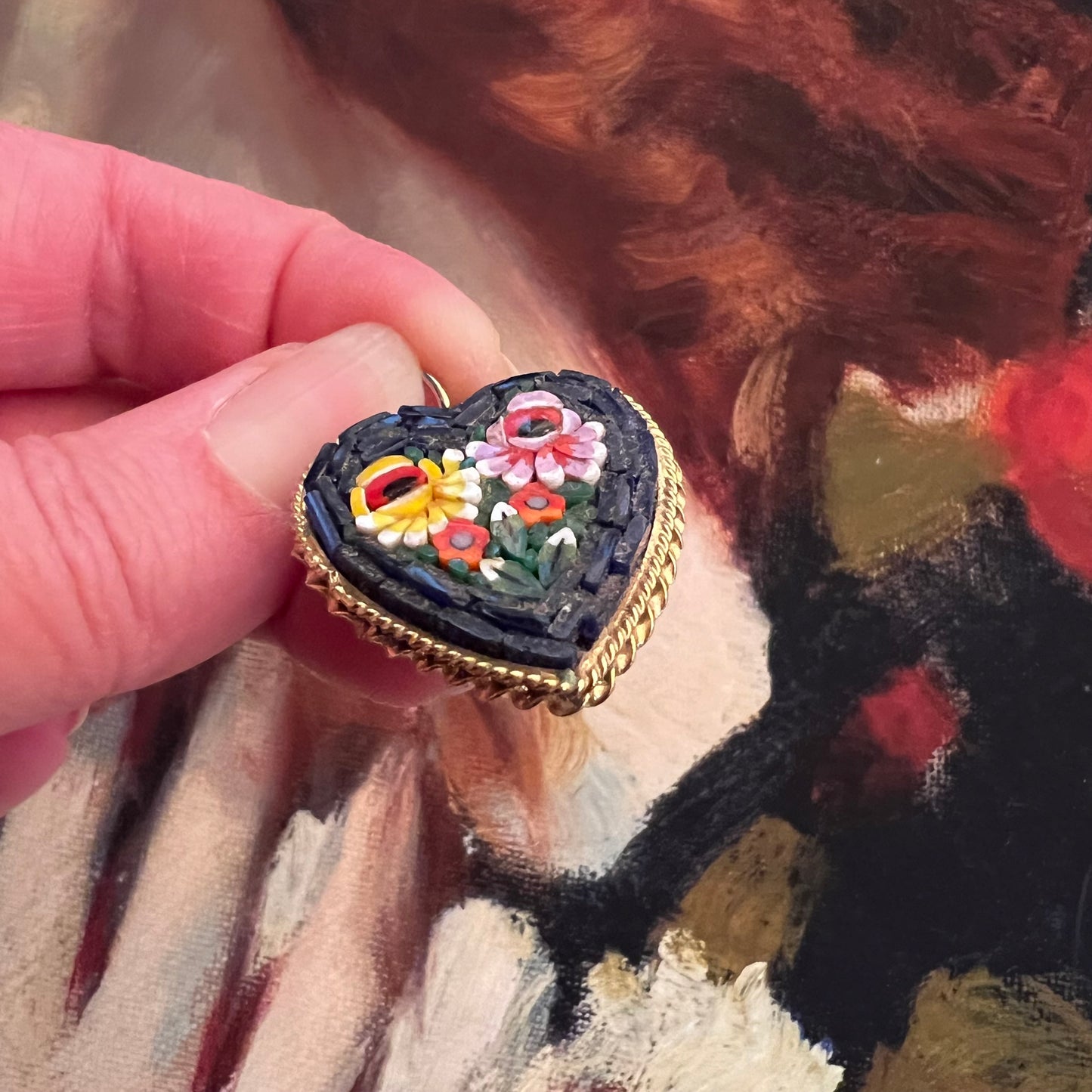 Vintage Micro Mosaic Heart Pendant Roses Italy