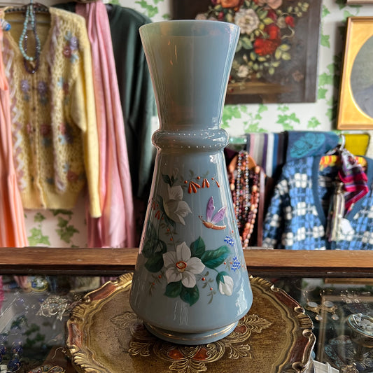 Antique Victorian Hand Painted Opaline Glass Carafe Vase Blooms & Butterfly