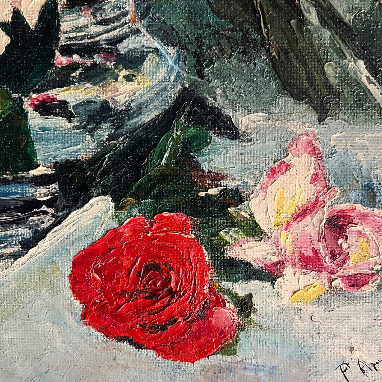 ON SALE was $299 Vintage Oil Painting Still Life Mid Century Roses in Vase