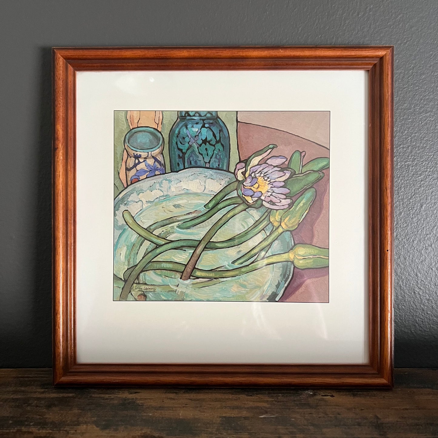 Vintage Print Still Life Water Lillies in Bowl with Vases Criss Canning