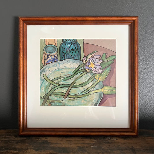 Vintage Print Still Life Water Lillies in Bowl with Vases Criss Canning