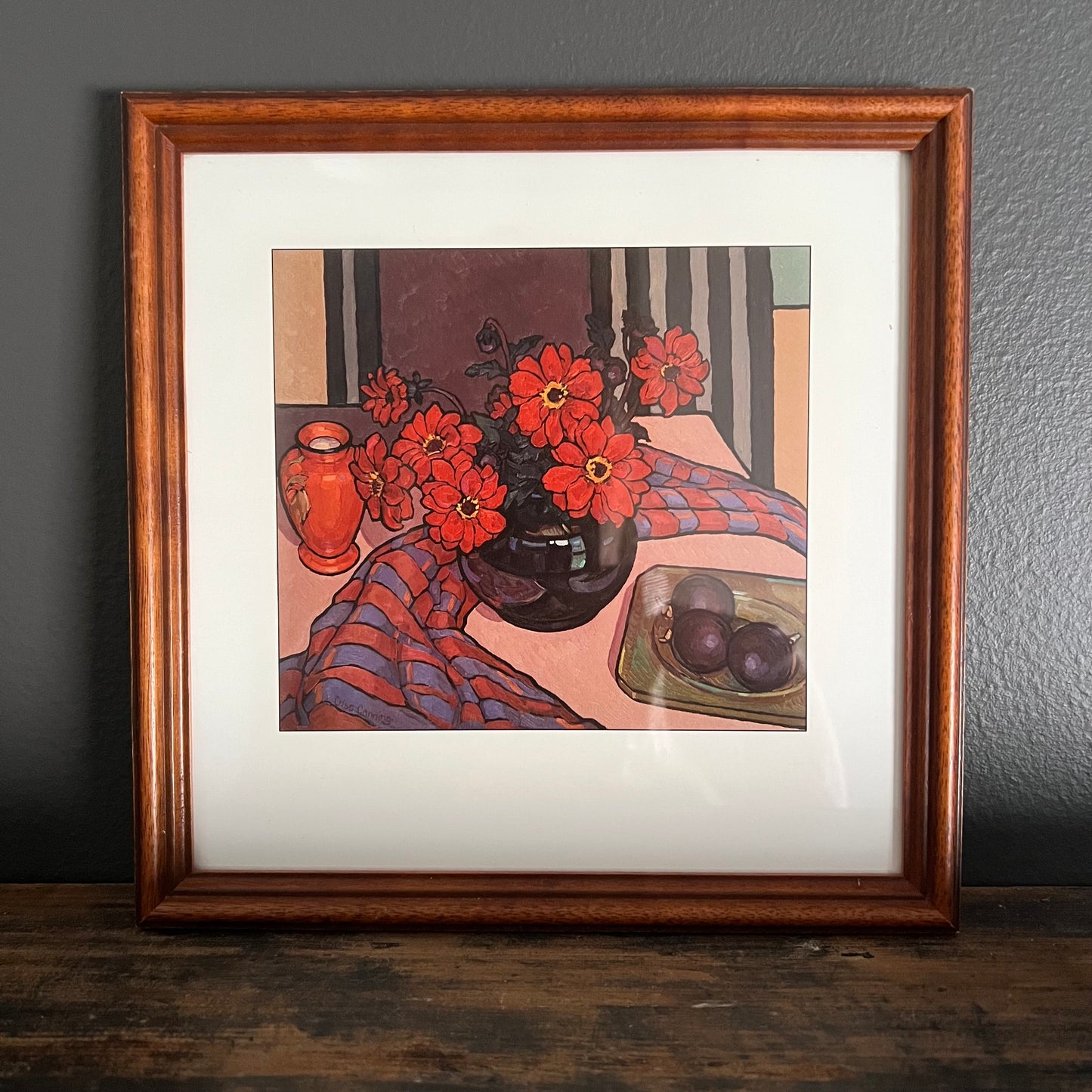 Vintage Print Still Life Dahlias, Passionfruit and Stripes Criss Canning