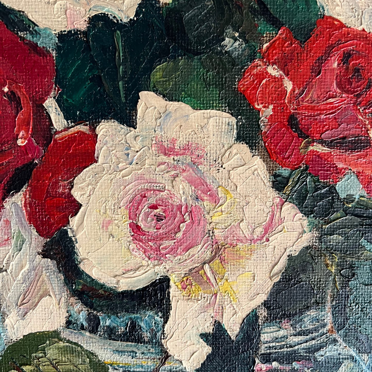 ON SALE was $299 Vintage Oil Painting Still Life Mid Century Roses in Vase