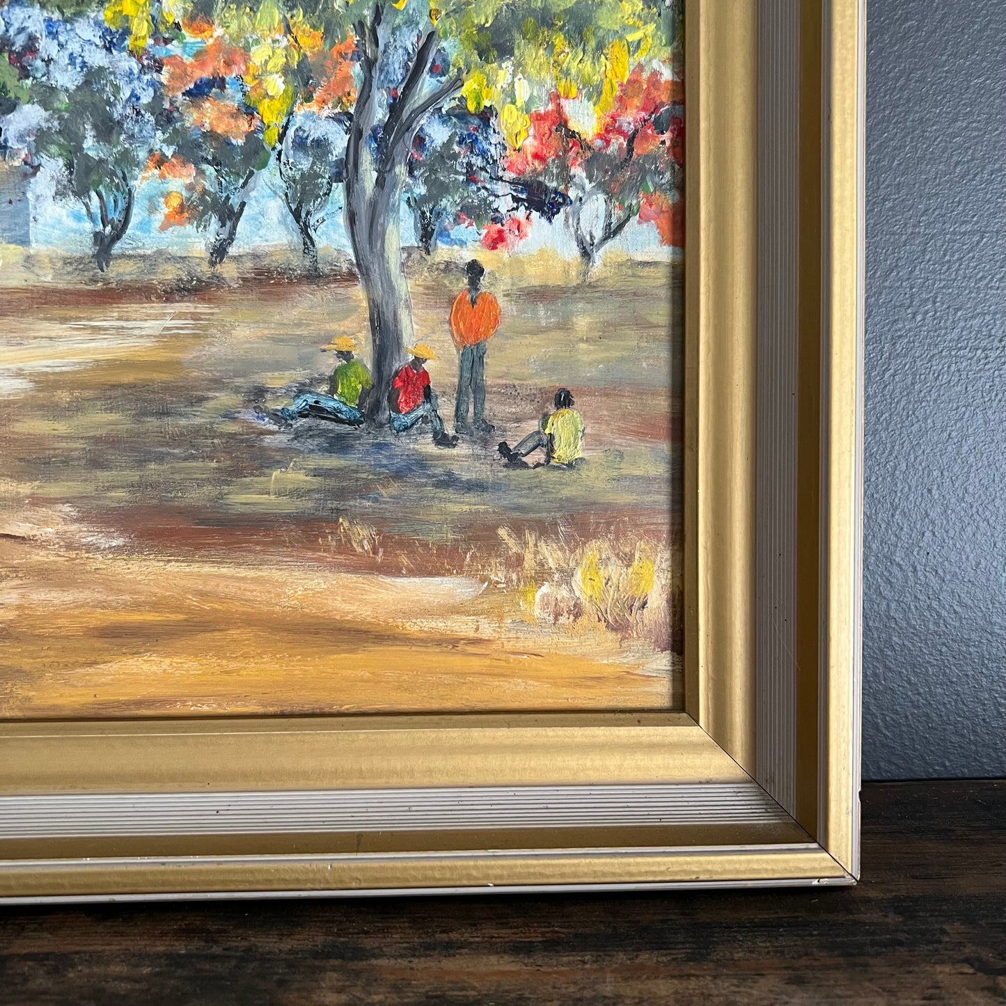 ON SALE was $95 Vintage Painting Tropical Landscape Mid Century Village and Trees