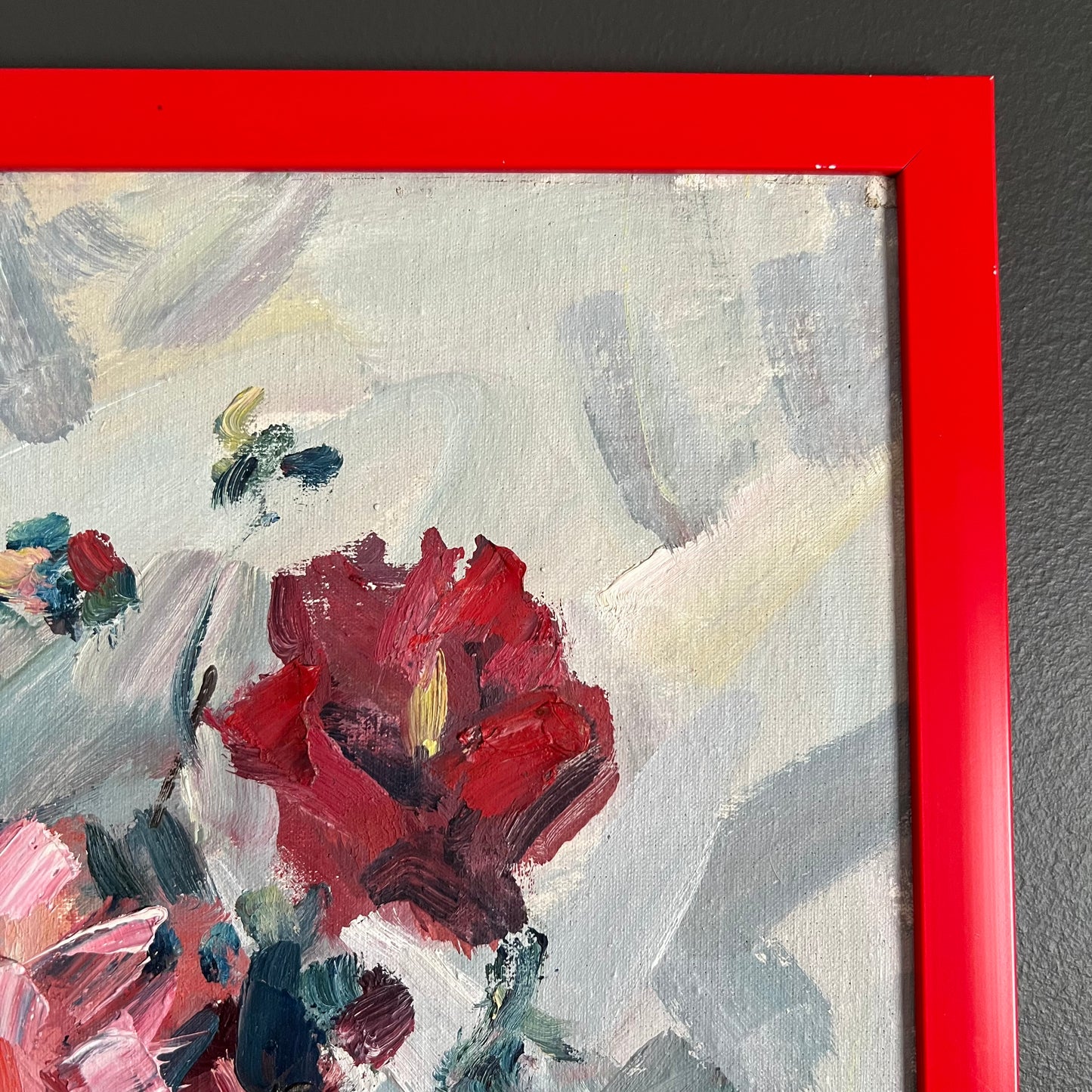 Vintage Painting Still Life Dahlia Flowers and Wine Bottle with Glass