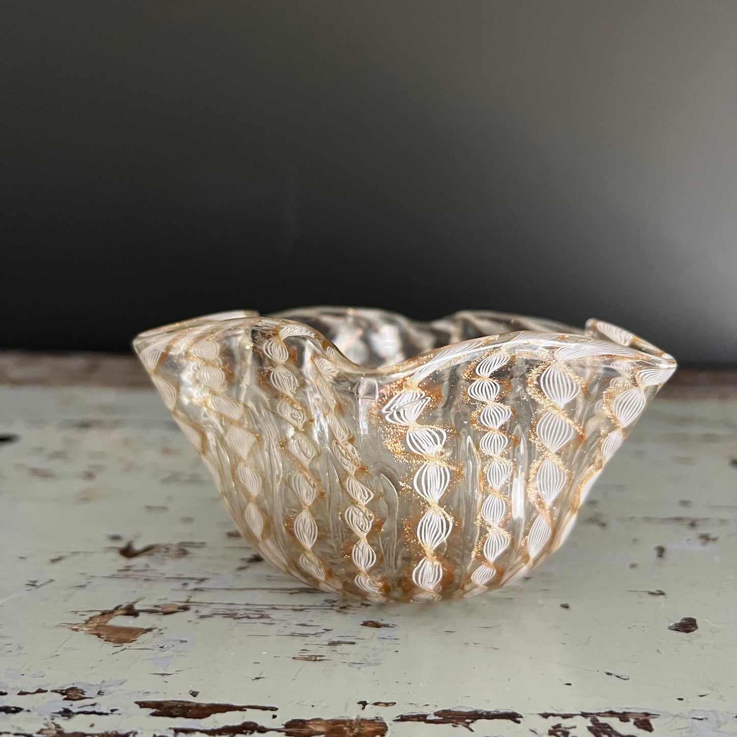 Vintage Gold & White Glass Bowl Murano c1960s