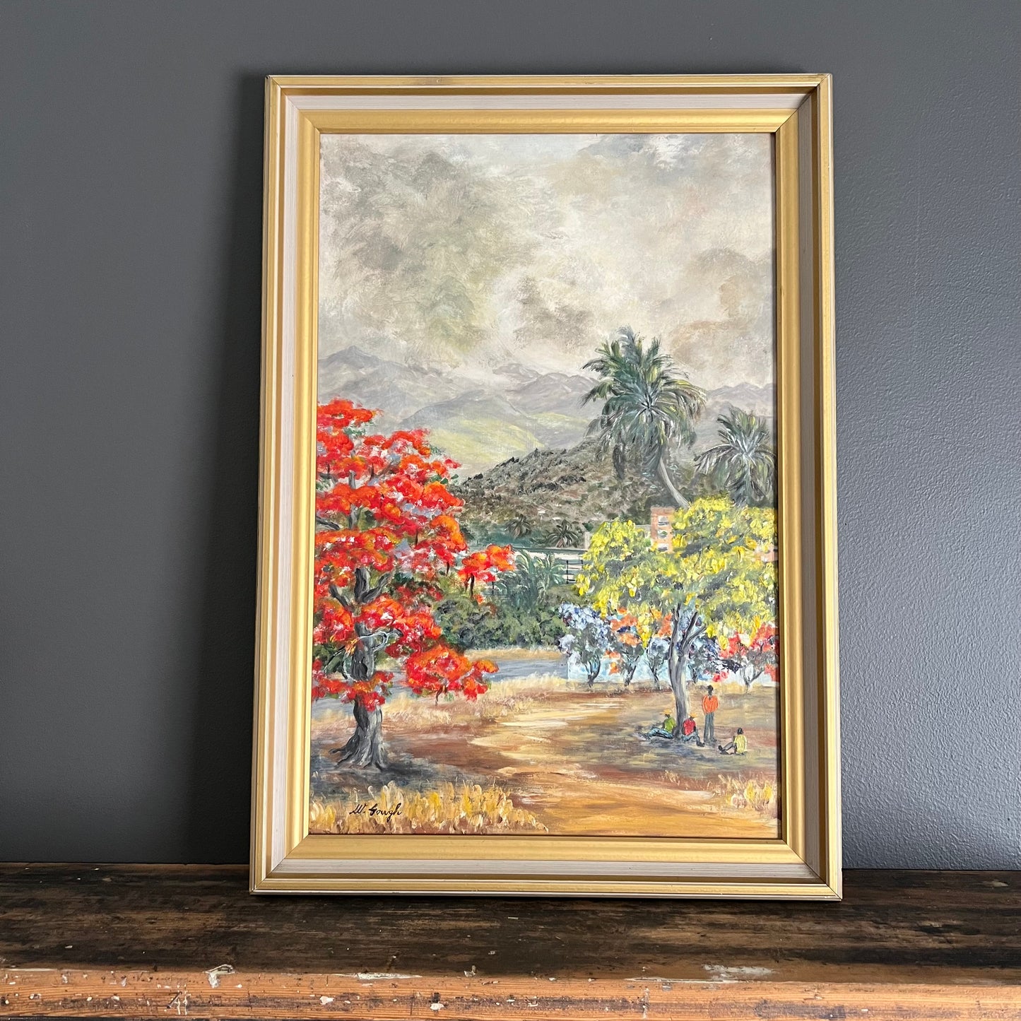 ON SALE was $95 Vintage Painting Tropical Landscape Mid Century Village and Trees