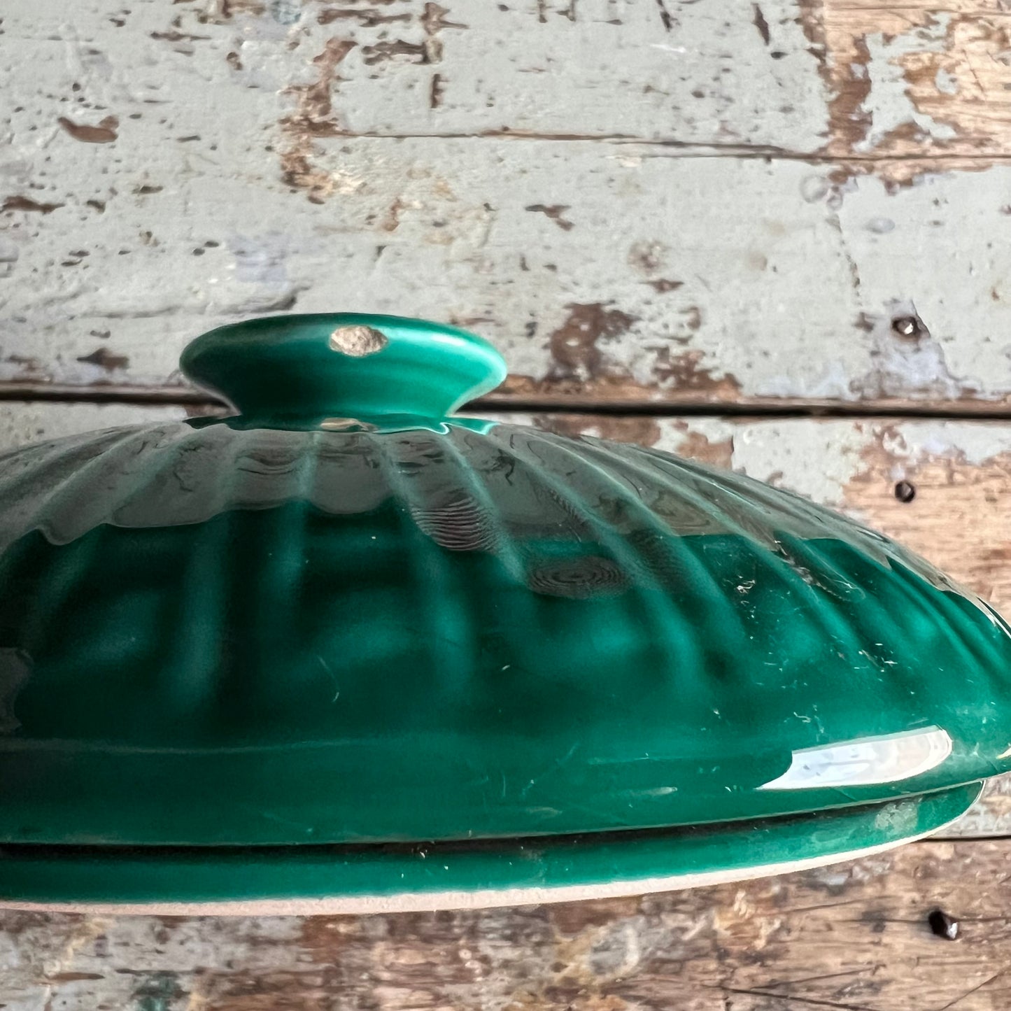 Vintage Majolica Green Covered Dish with Hand painted Lily of the Valley by Marie Louise Germany