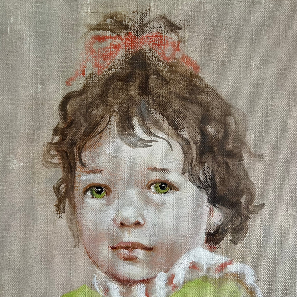Vintage Original Painting Portrait Girl with her Pierrot Doll