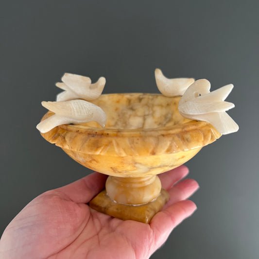 Rare Vintage Miniature Alabaster Bird Bath with Four Birds