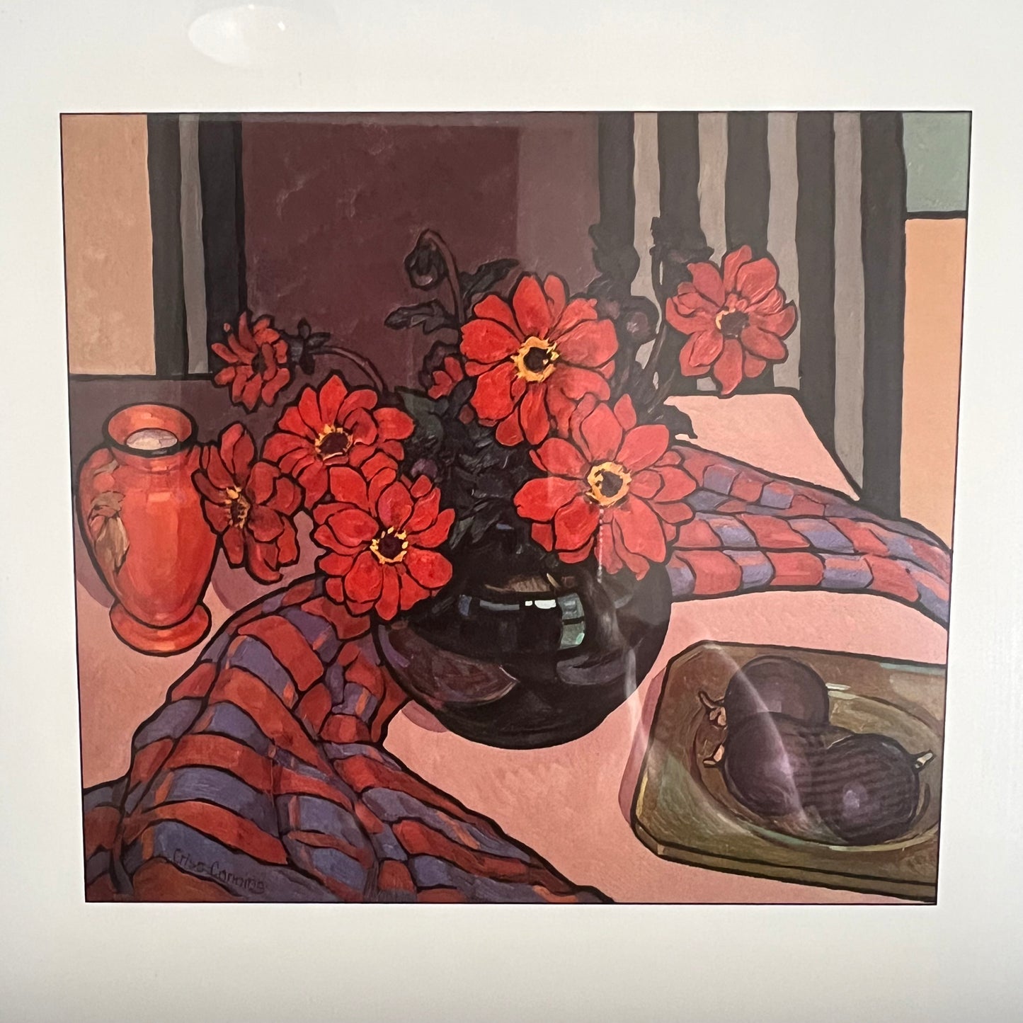 Vintage Print Still Life Dahlias, Passionfruit and Stripes Criss Canning