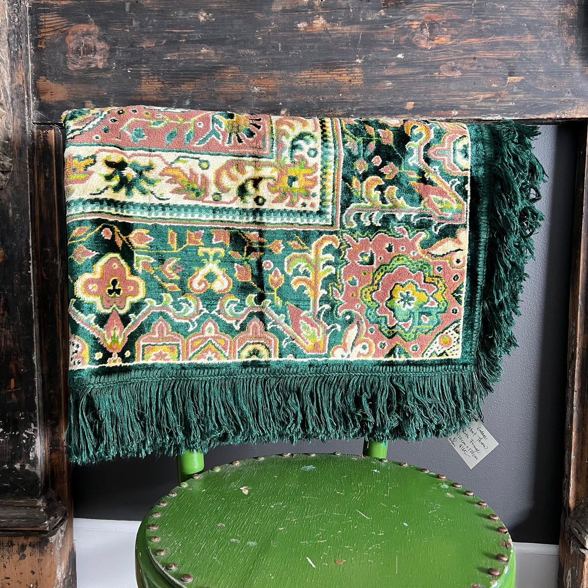 Vintage Velveteen Pattern Throw with Fringe Green