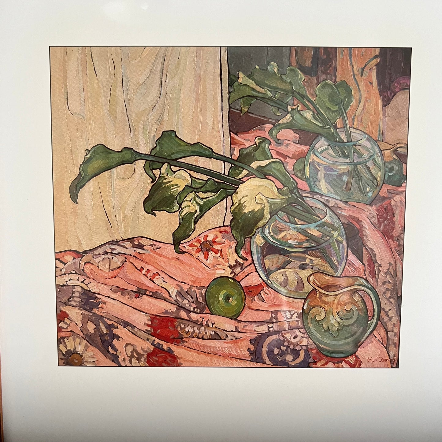 Vintage Print Still Life Calla Lillies in Mirror with Apple Criss Canning