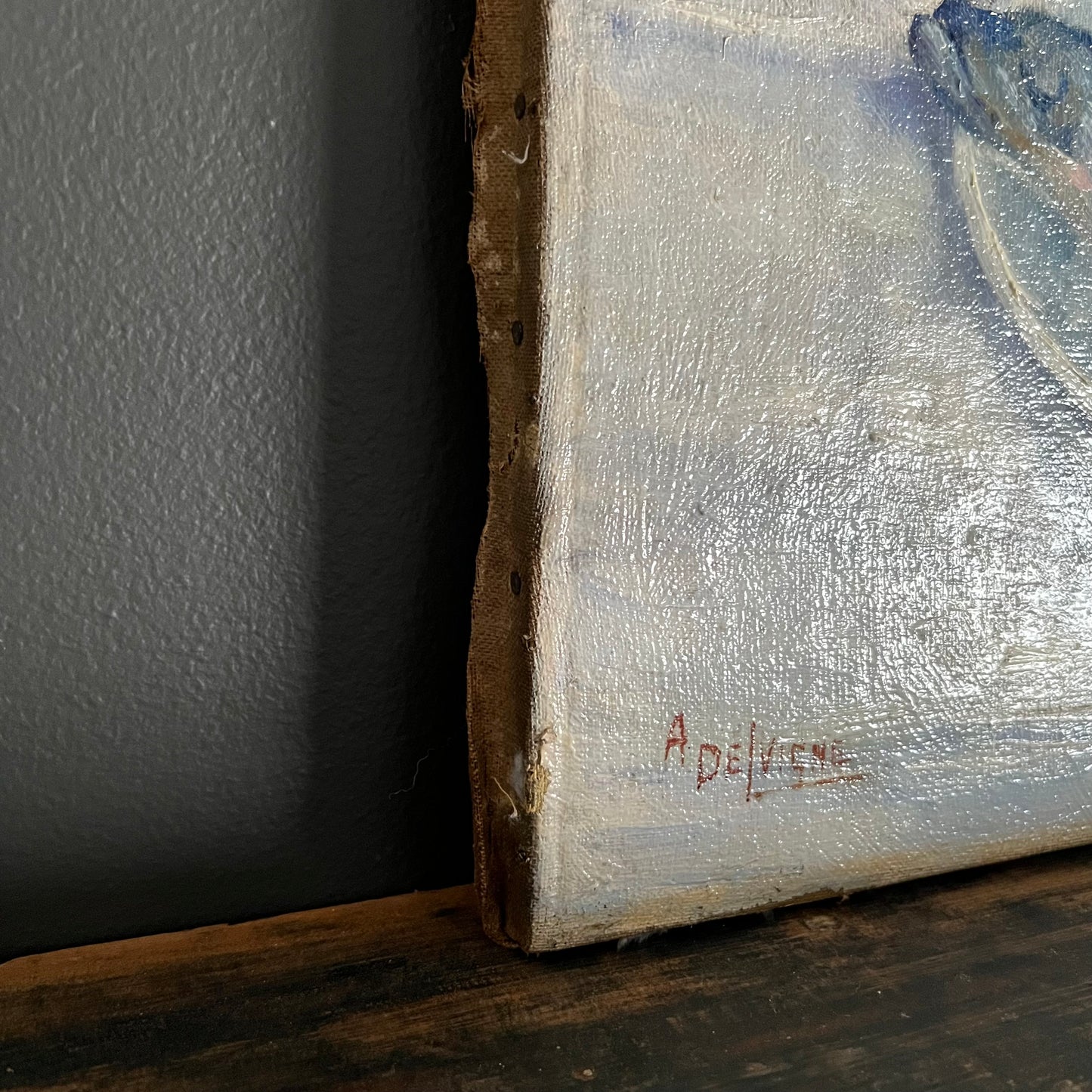 Antique Oil Painting Still Life Tabletop Scene with Fish Dinner France