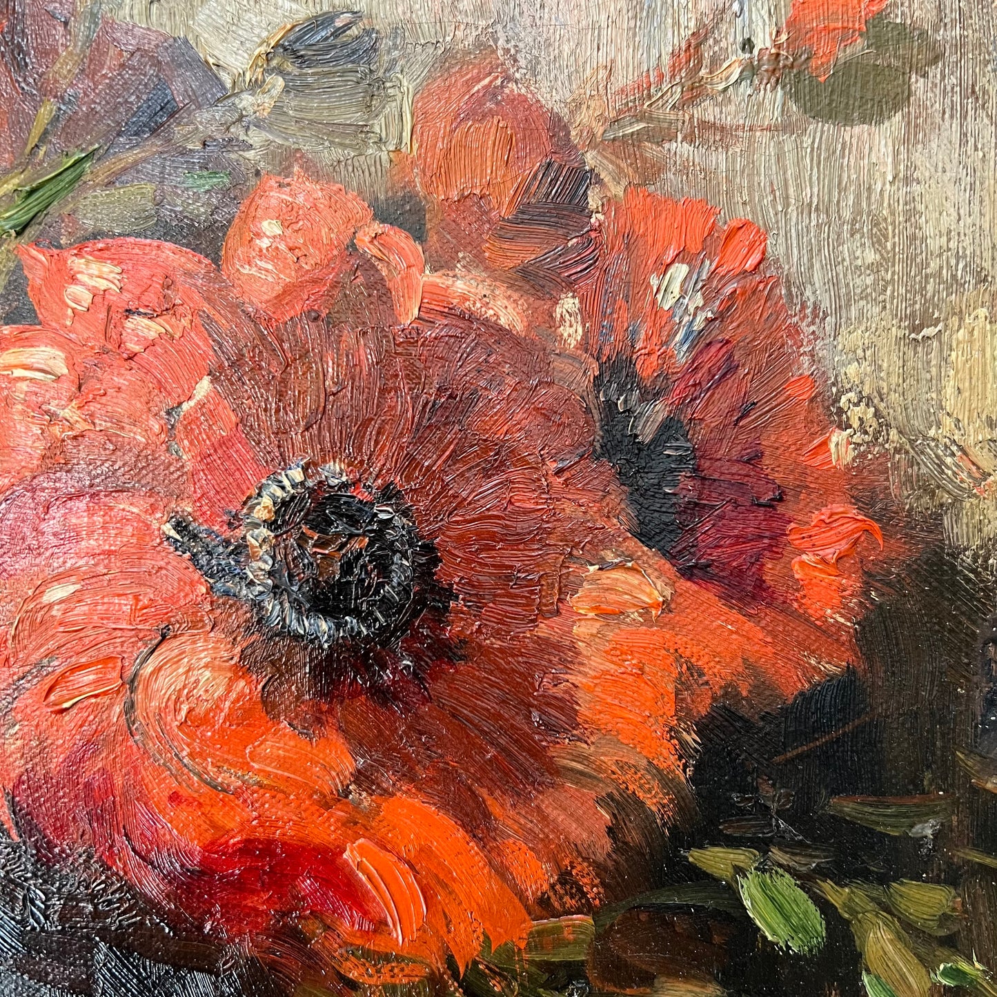 Vintage Oil Painting Dutch Still Life Red Poppies
