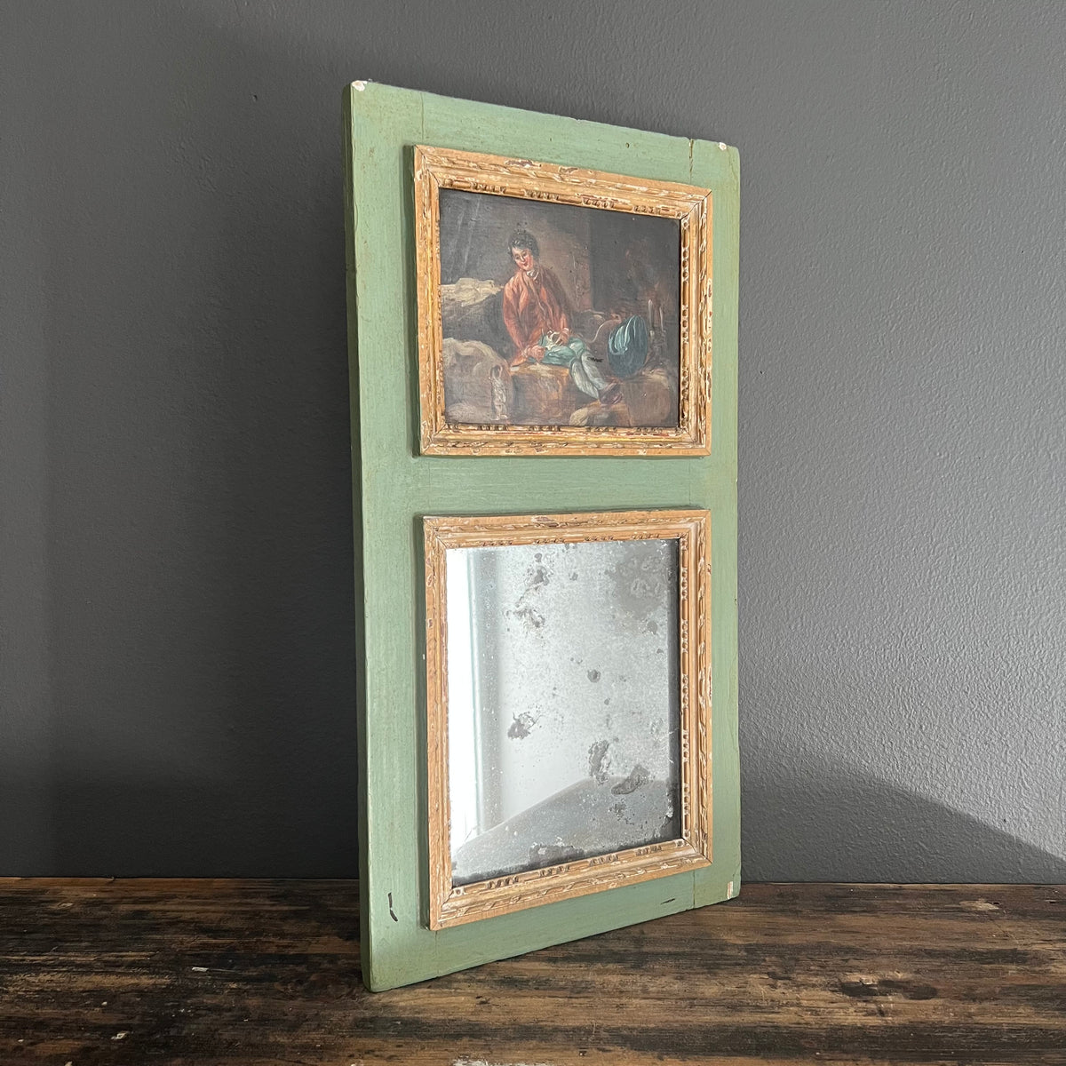 Antique French Trumeau Mirror and Painting 1800’s Boy and Dog