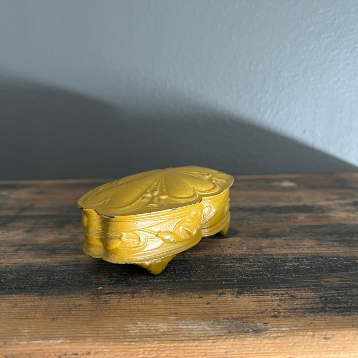 Antique Metal Trinket Jewellery Box Daffodils and Hearts England