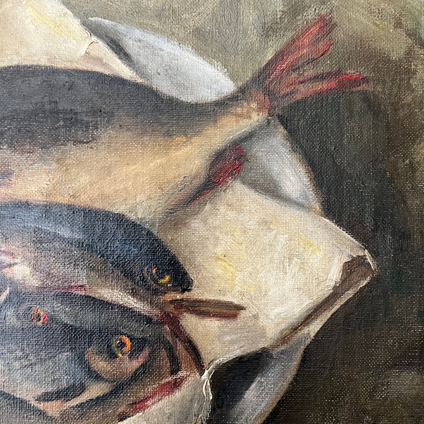 Divine Vintage Oil Painting Dutch Still Life Fish on Plate 1940s