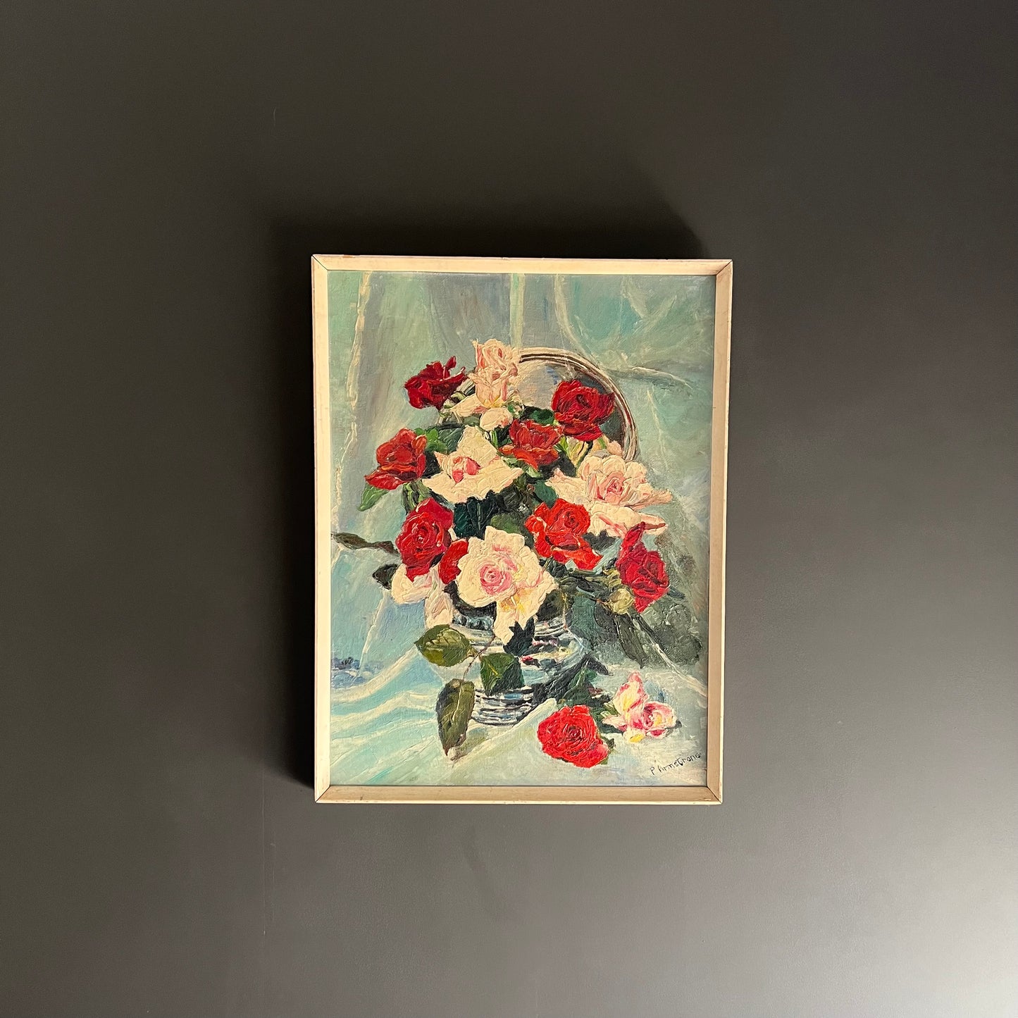 ON SALE was $299 Vintage Oil Painting Still Life Mid Century Roses in Vase