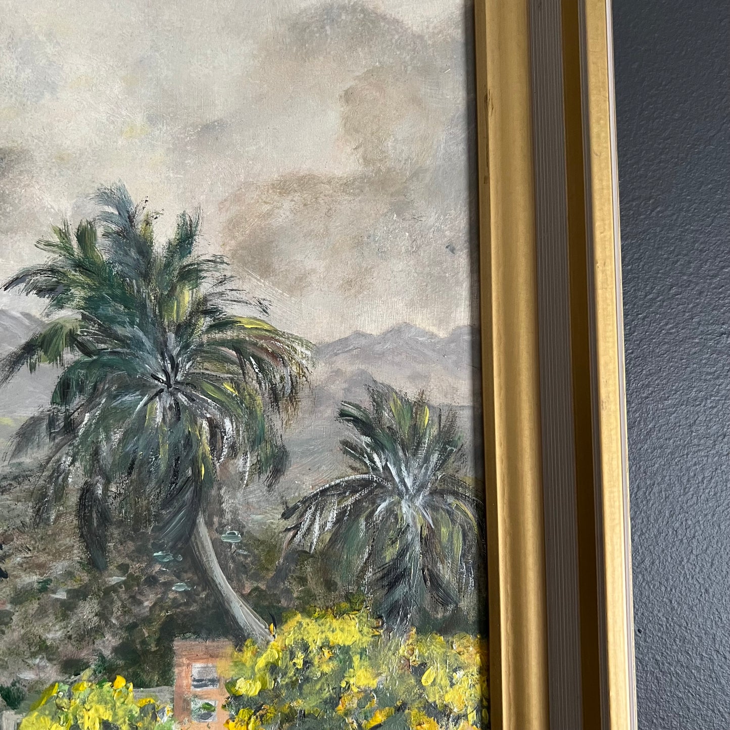 ON SALE was $95 Vintage Painting Tropical Landscape Mid Century Village and Trees