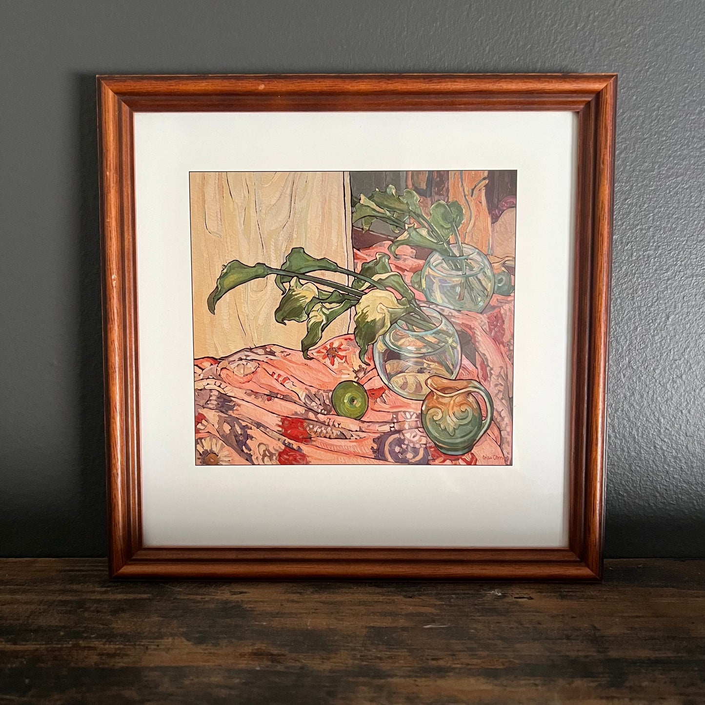 Vintage Print Still Life Calla Lillies in Mirror with Apple Criss Canning