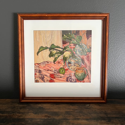 Vintage Print Still Life Calla Lillies in Mirror with Apple Criss Canning