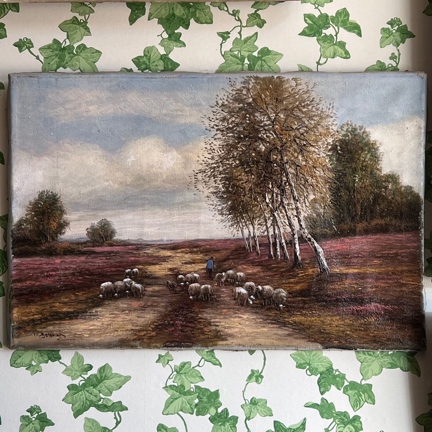 Vintage Oil Painting Landscape The Peaceful Sheep