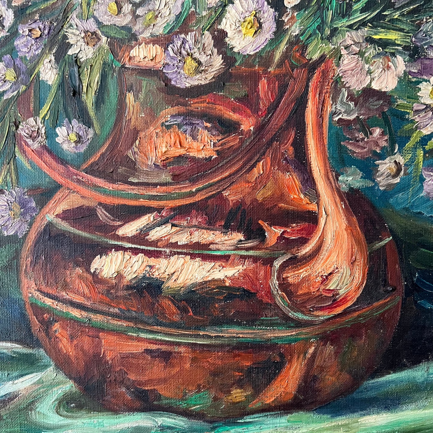 Vintage Oil Painting Daisies in Copper Kettle