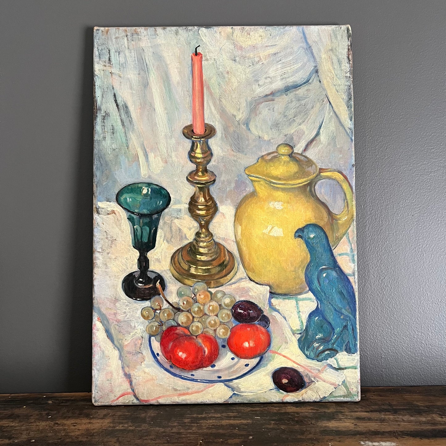 Vintage Painting Still Life Candlestick, Glass and Tomato