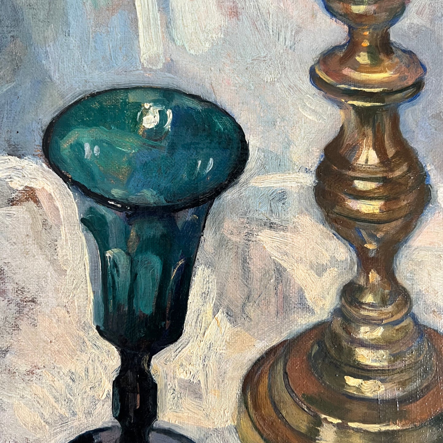 Vintage Painting Still Life Candlestick, Glass and Tomato