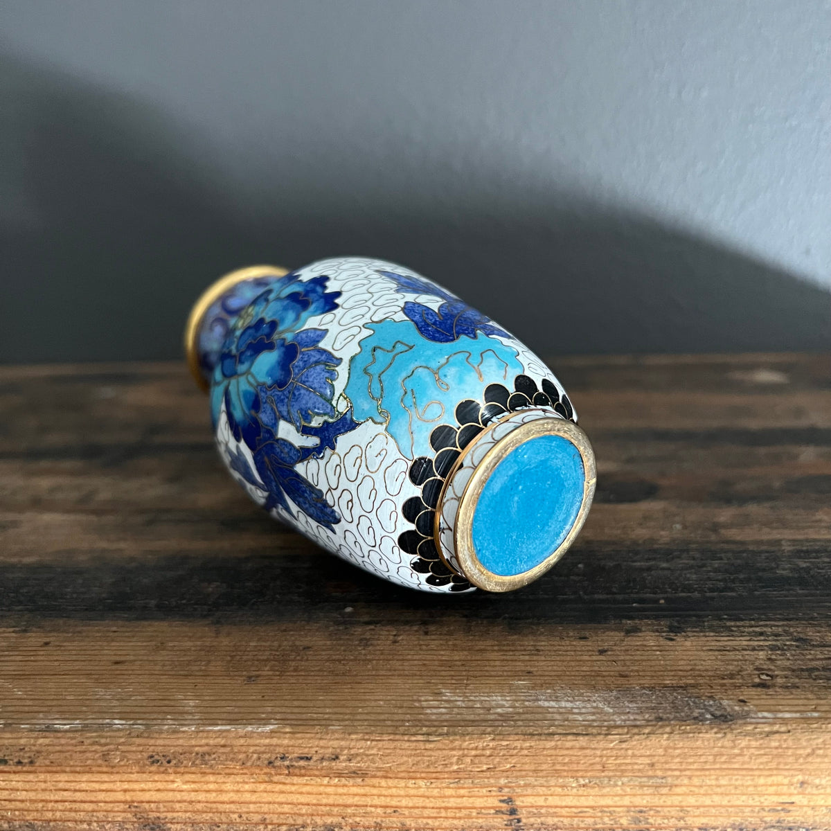 Vintage Cloisonné Vase Blue and White Florals and Bird