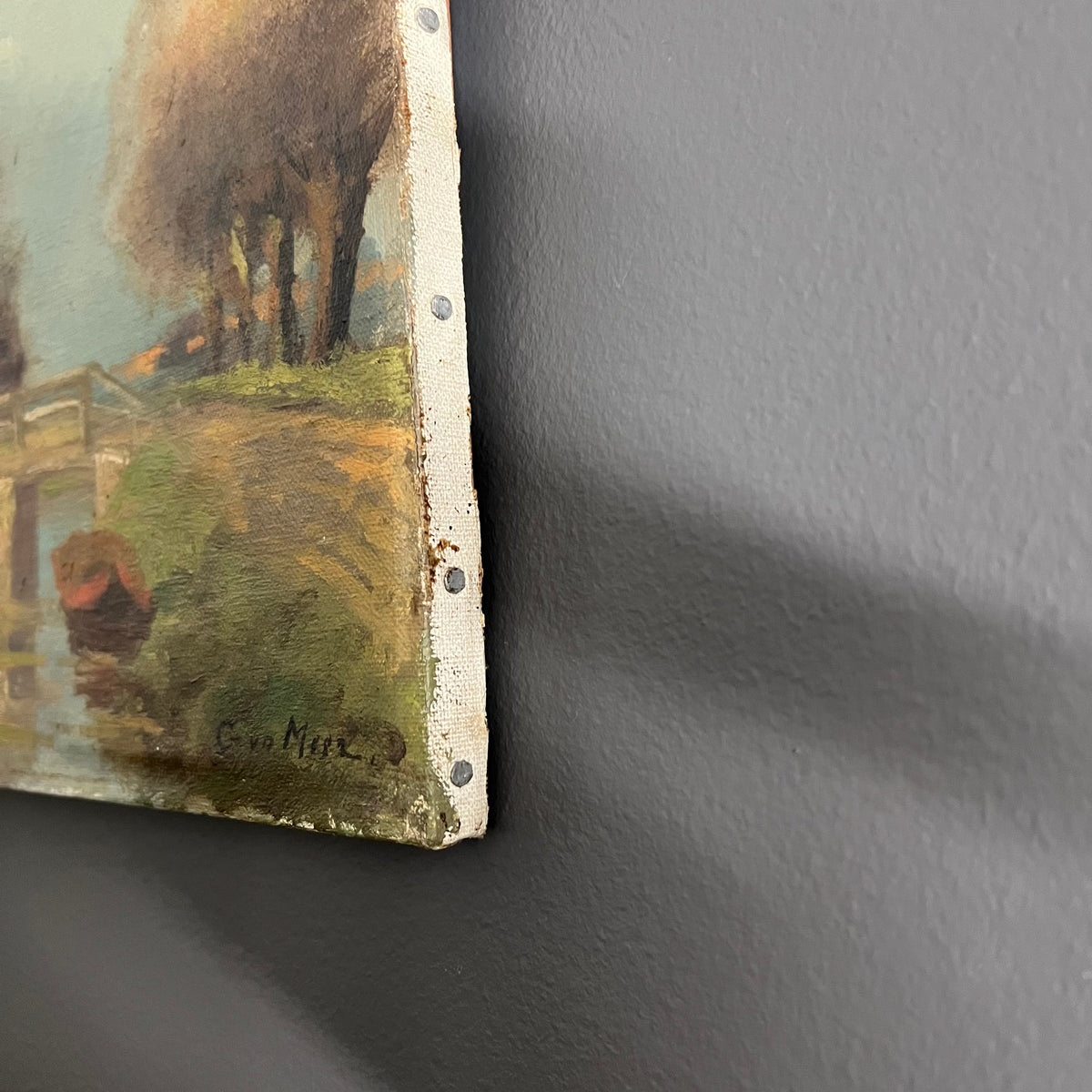 Vintage Original Oil Painting Landscape Farmhouse with Stream Dutch