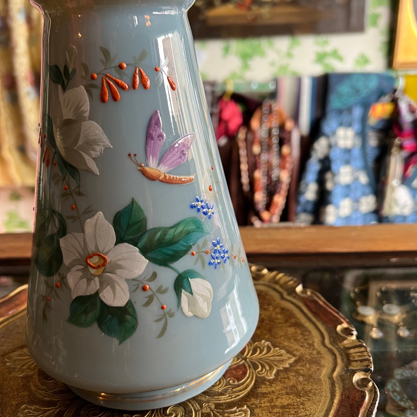 Antique Victorian Hand Painted Opaline Glass Carafe Vase Blooms & Butterfly