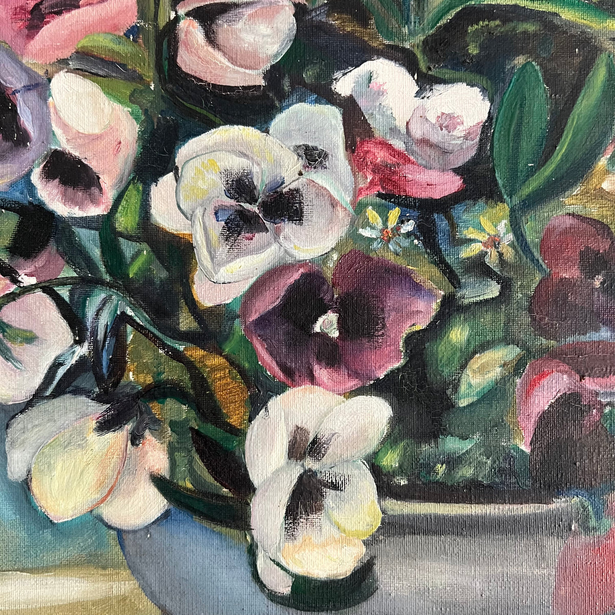 Original Vintage Painting Still Life Floral Pansy Flowers in Bowl