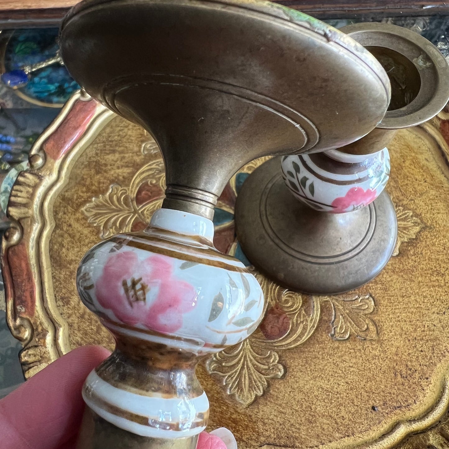 Vintage Brass & Hand Painted Porcelain Candlestick Pair