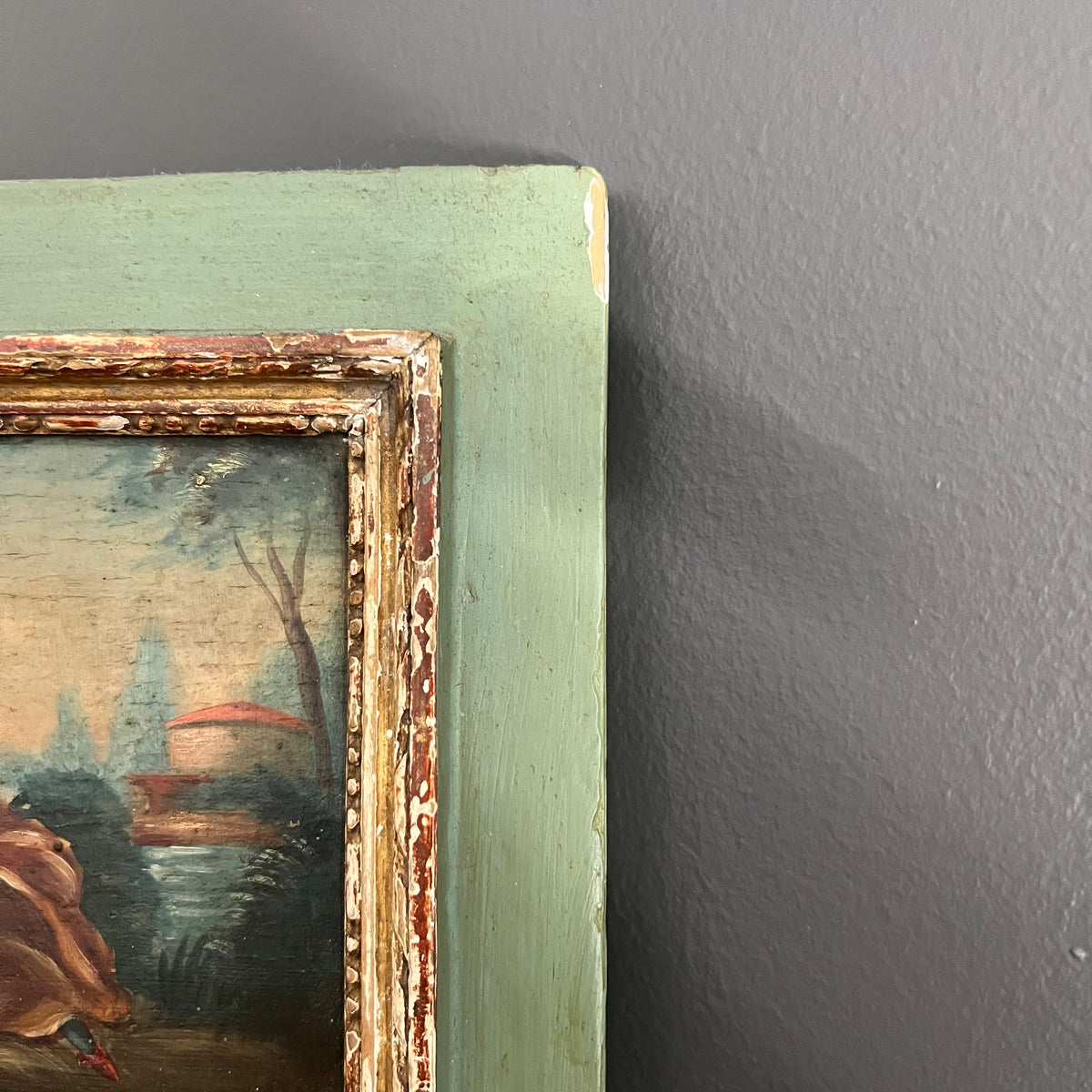 Antique French Trumeau Mirror and Painting 1800’s Courting Couple