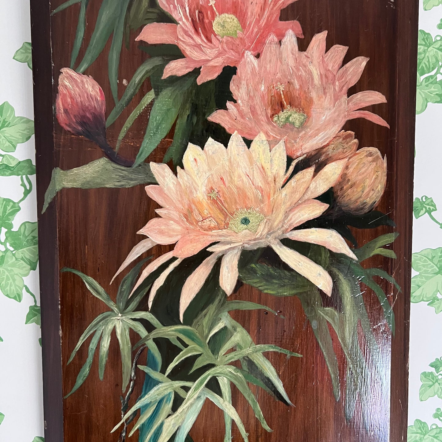 Antique Oil Painting Still Life Pink Flowers & Foliage on Wood