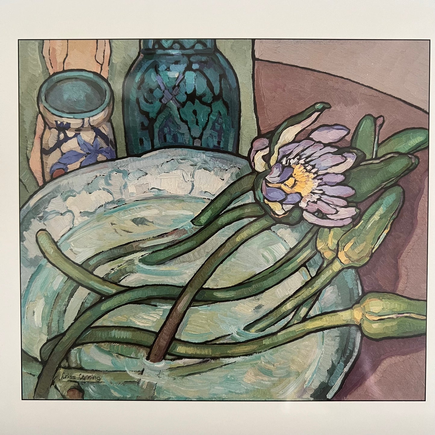 Vintage Print Still Life Water Lillies in Bowl with Vases Criss Canning