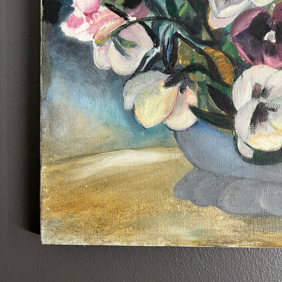 Original Vintage Painting Still Life Floral Pansy Flowers in Bowl