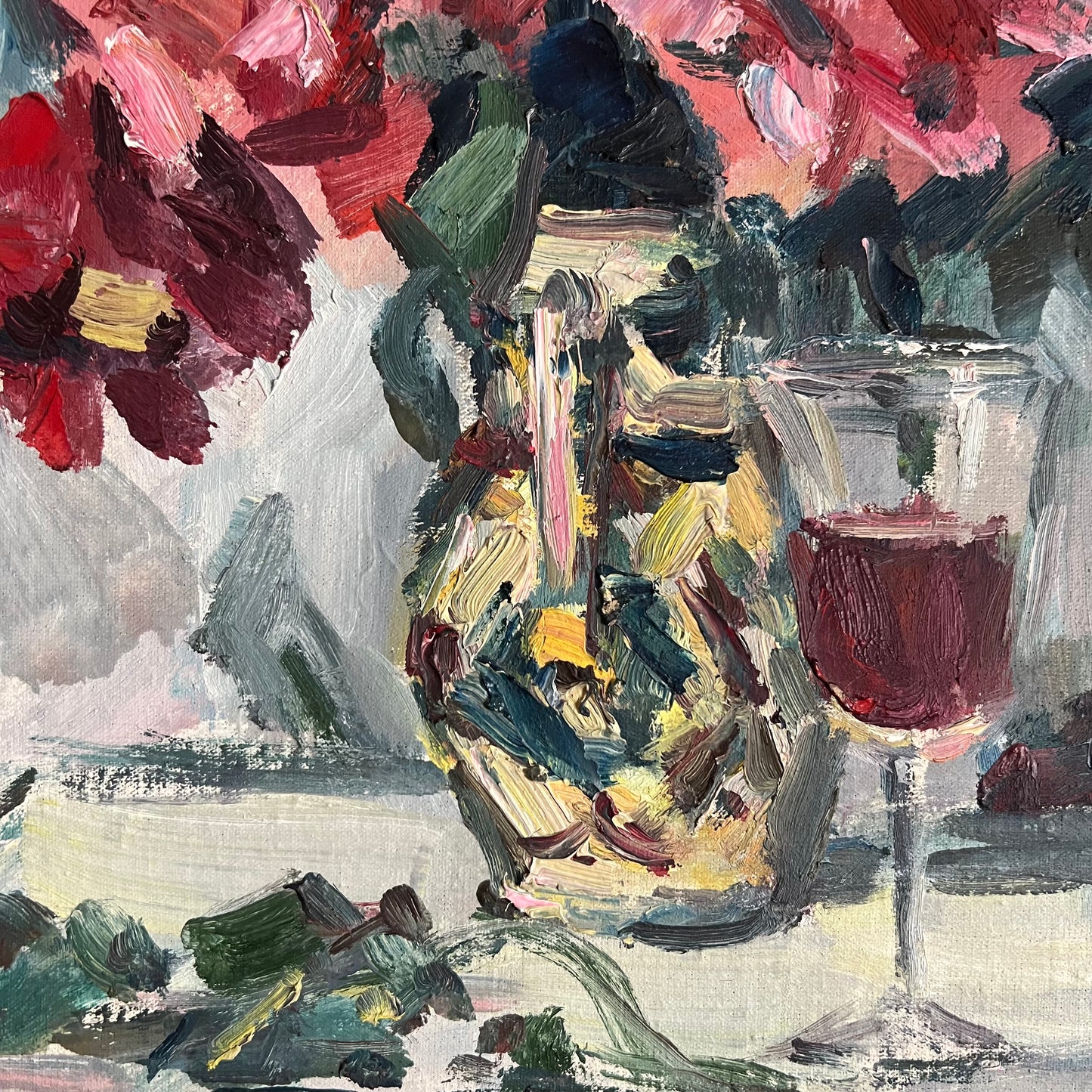 Vintage Painting Still Life Dahlia Flowers and Wine Bottle with Glass