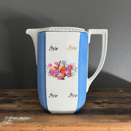 Vintage Floral Basket and Blue Stripe Porcelain Jug Pitcher Bavaria