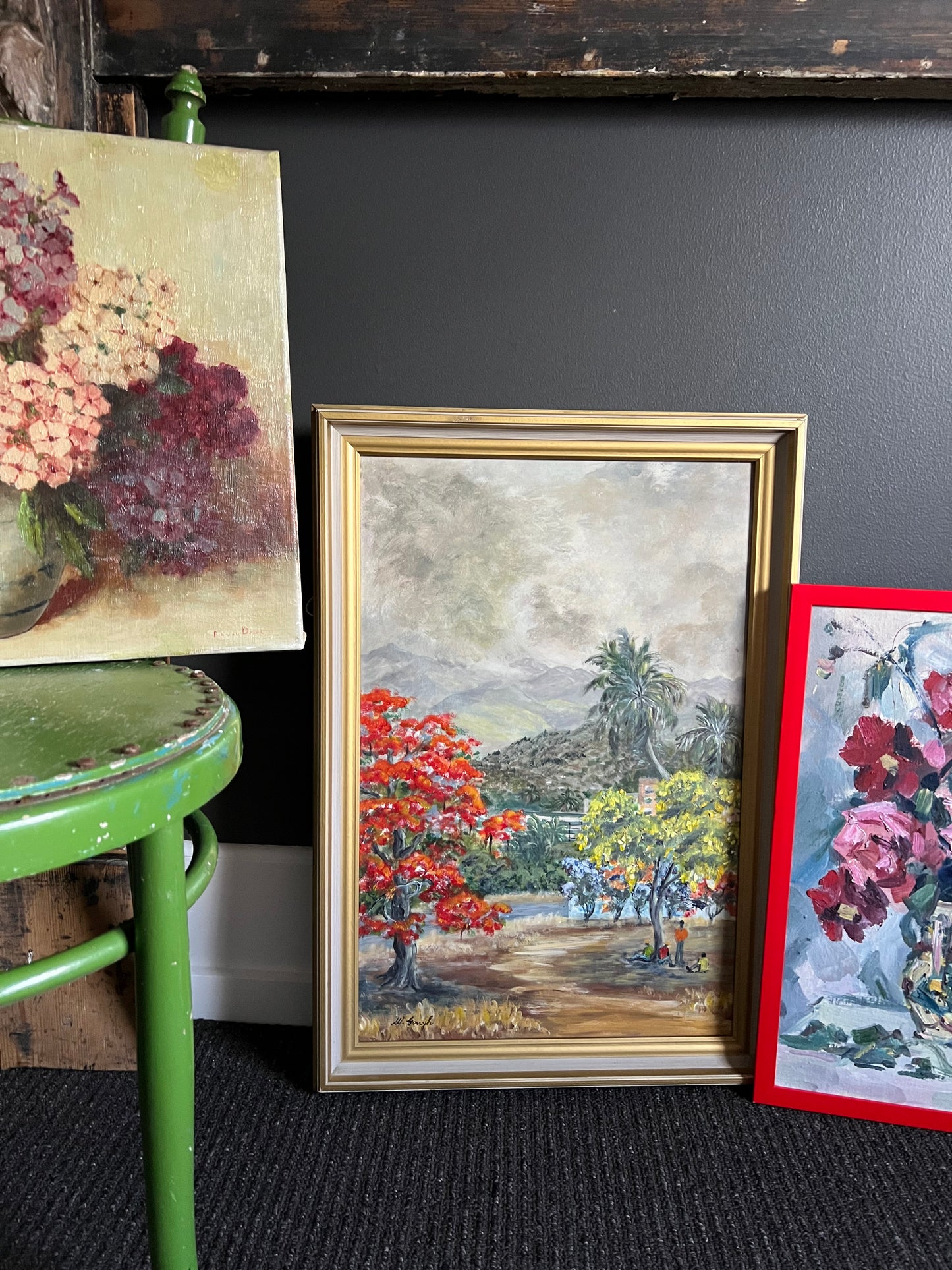 ON SALE was $95 Vintage Painting Tropical Landscape Mid Century Village and Trees