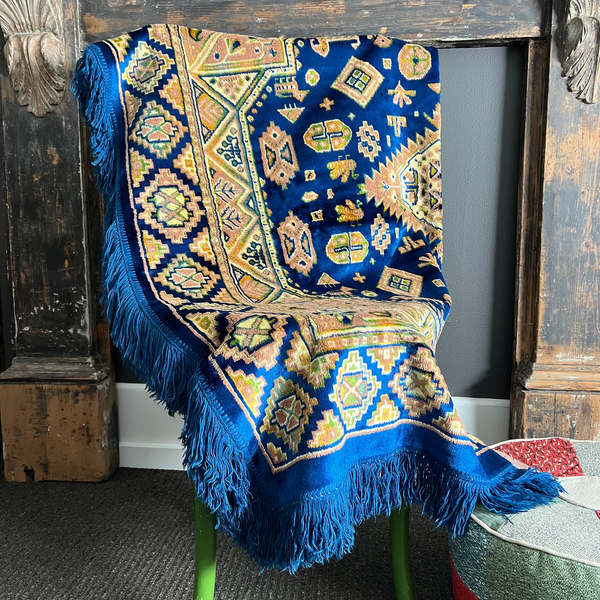 Vintage Velveteen Pattern Throw with Fringe Blue