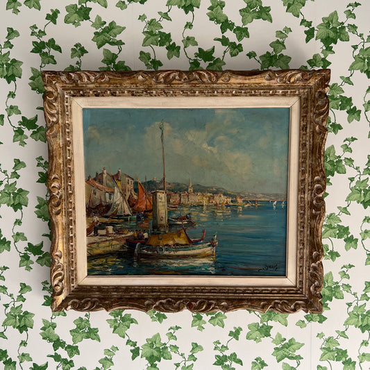 Large Vintage Oil Painting Seascape Harbour Scene on the Riviera Coast