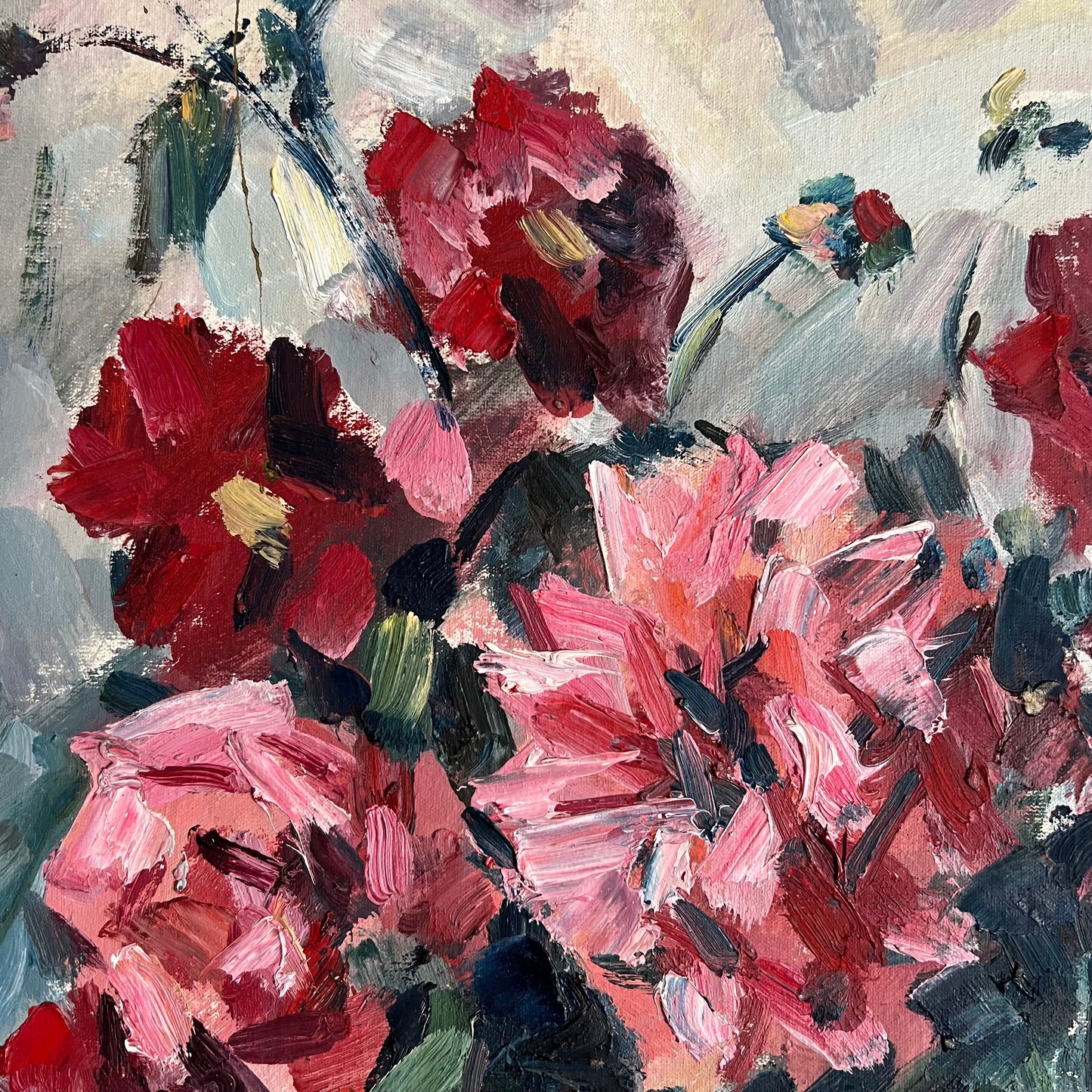 Vintage Painting Still Life Dahlia Flowers and Wine Bottle with Glass