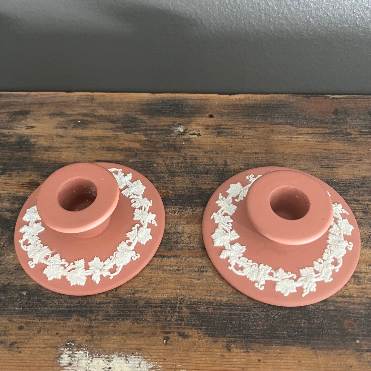 Vintage Wedgwood Jasperware Terracotta Candlestick Holders Grapevine Pair