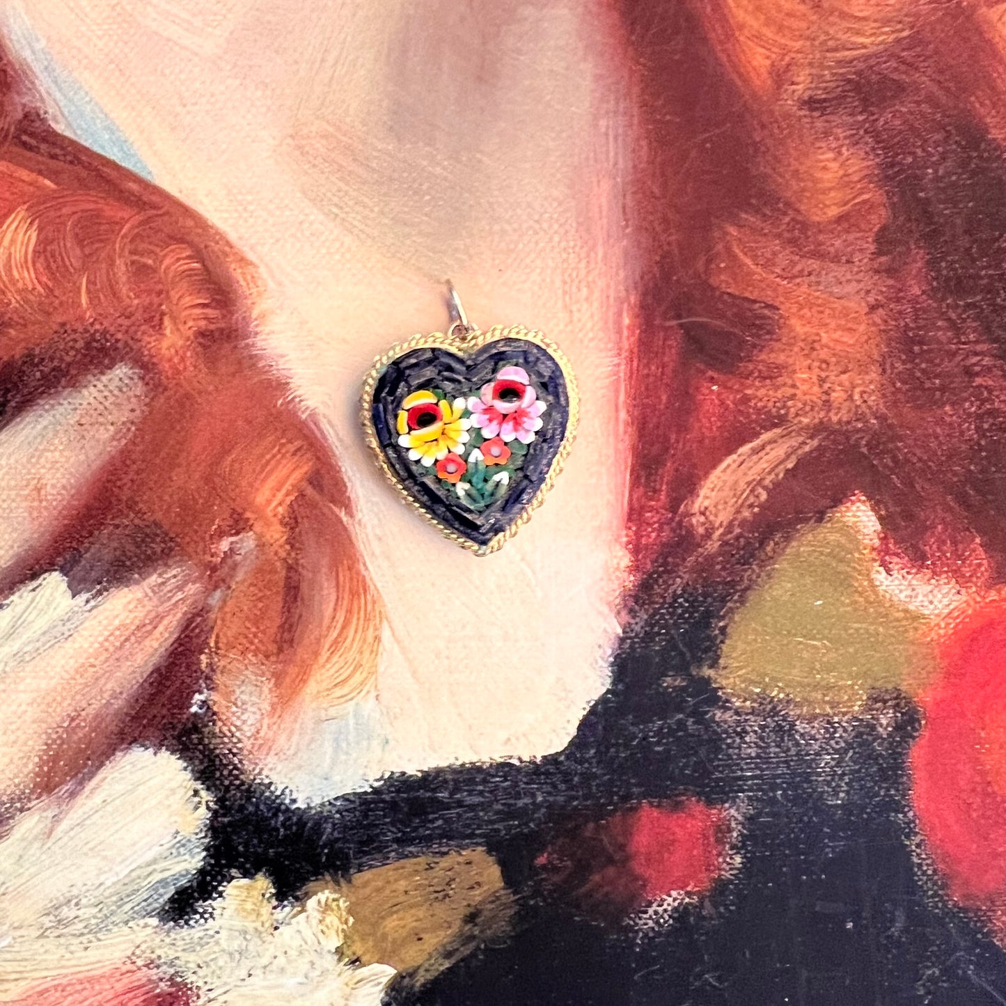 Vintage Micro Mosaic Heart Pendant Roses Italy
